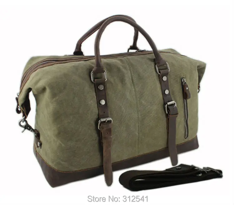 Vintage Military Canvas Leather Weekend Travel Duffel Bag with Multiple Compartments - Image 3