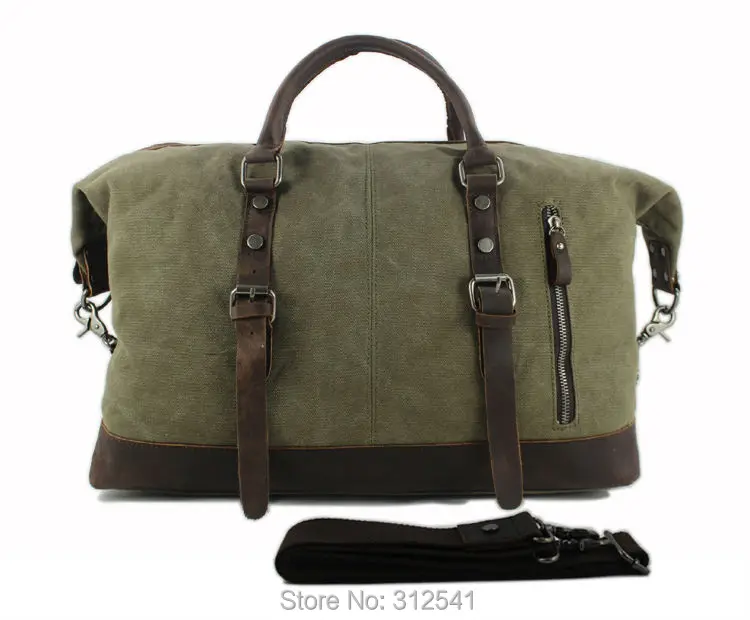 Vintage Military Canvas Leather Weekend Travel Duffel Bag with Multiple Compartments - Image 2