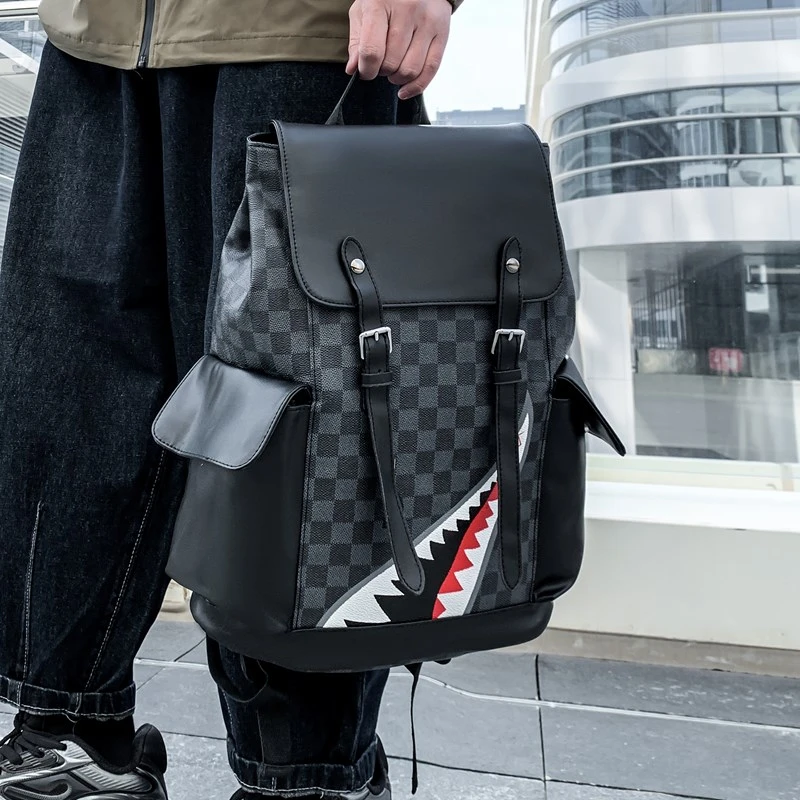 Premium Black PU Leather Men's Laptop Backpack with Shark Print Design for School and Work - Image 5