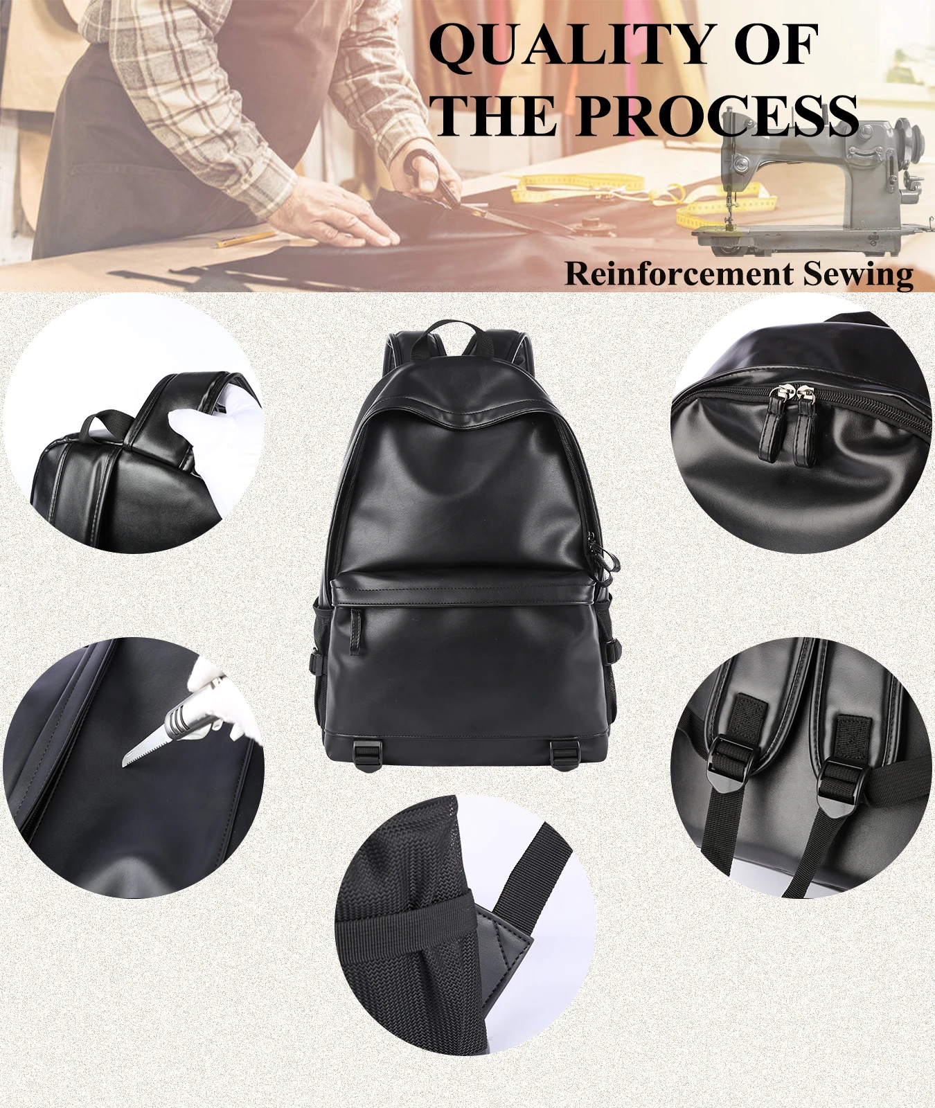 Premium Black PU Leather 16-inch Laptop Backpack for Business Travel with Waterproof Protection - Image 2