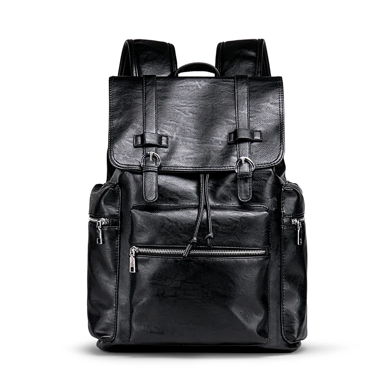 Premium Black PU Leather Men's Laptop Backpack with USB Charging Port and Expandable Storage - Image 7