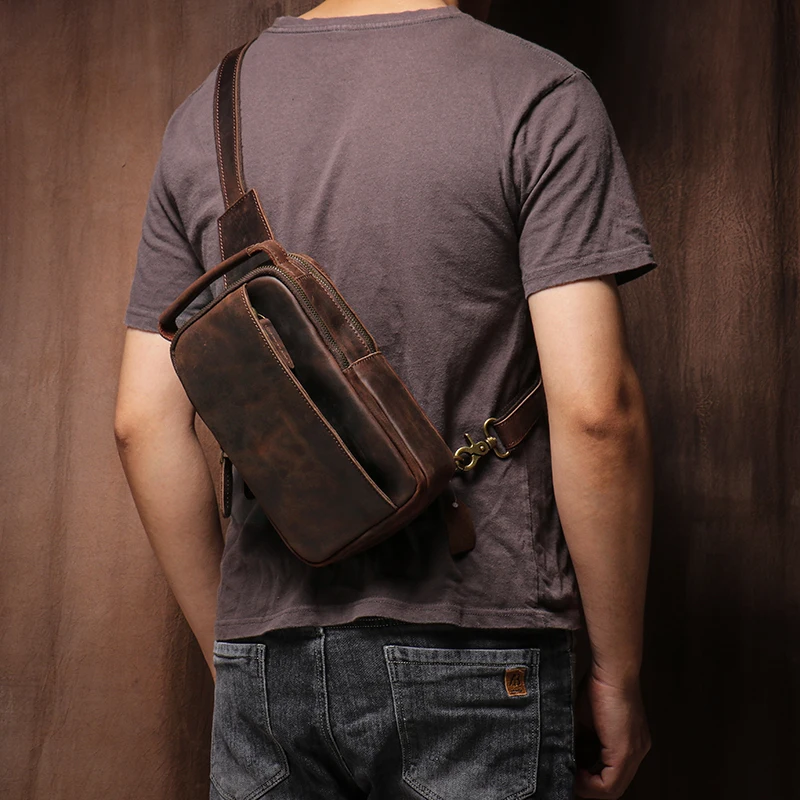 Premium Crazy Horse Leather Men's Vintage Sling Bag Crossbody Travel Pack with Multiple Pockets - Image 6