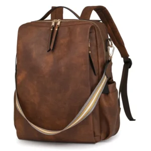 Vintage Brown Leather Women's Backpack with Multiple Compartments and Laptop Storage