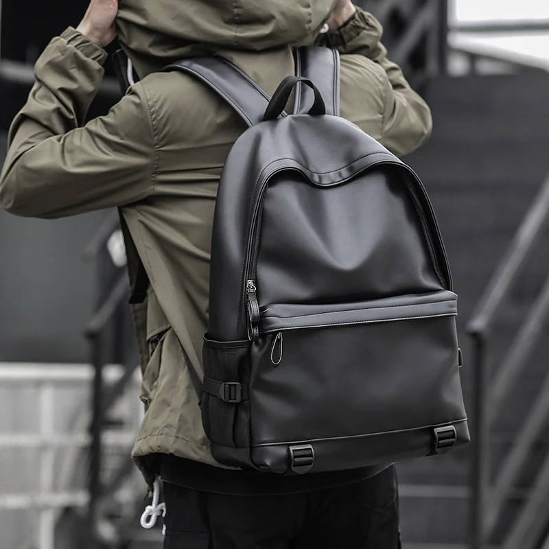 Premium Black PU Leather 16-inch Laptop Backpack for Business Travel with Waterproof Protection - Image 6
