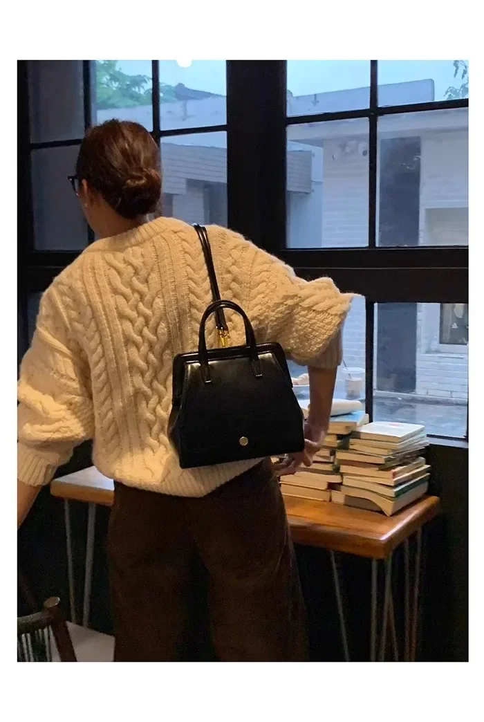 Vintage Black PU Leather Student Backpack with Retro Clip Closure for Women - Image 5