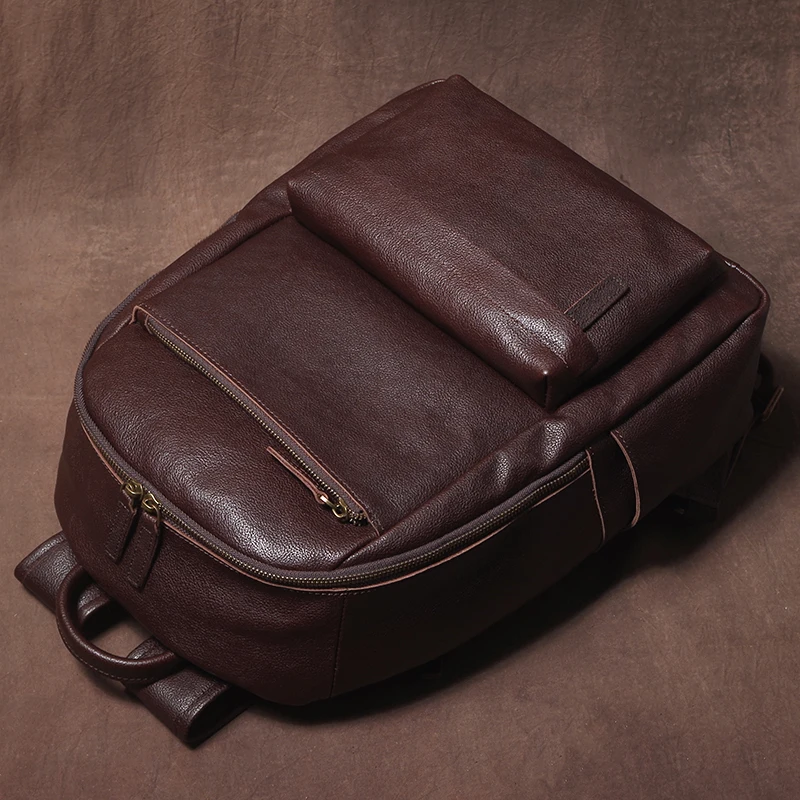 Premium Genuine Cowhide Leather Business Backpack with Laptop Compartment - Unisex Vintage Design - Image 4