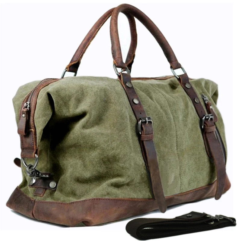 Vintage Military Canvas Leather Weekend Travel Duffel Bag with Multiple Compartments