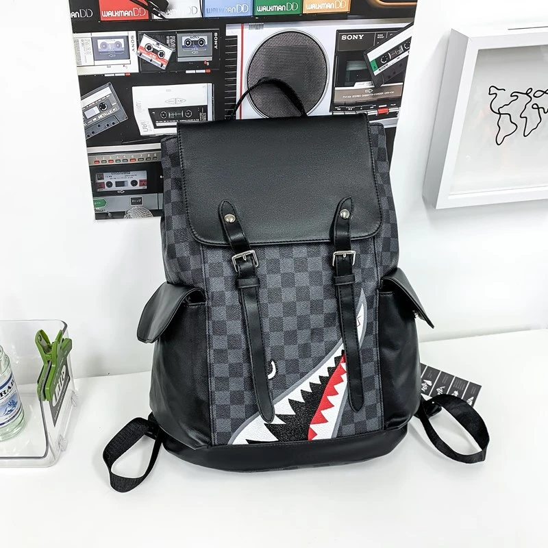 Premium Black PU Leather Men's Laptop Backpack with Shark Print Design for School and Work - Image 6