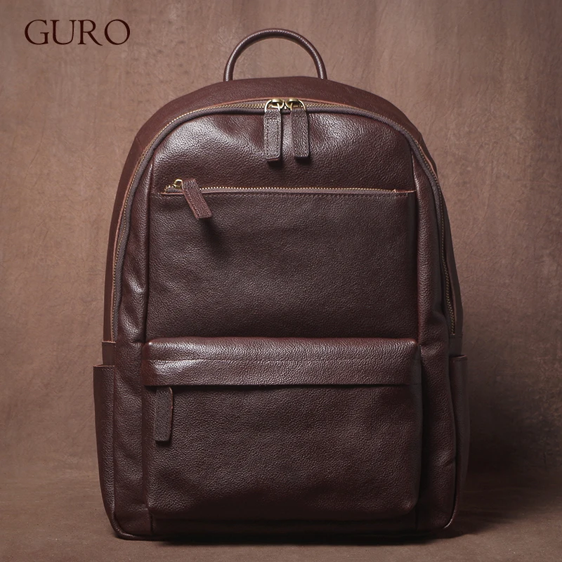 Premium Genuine Cowhide Leather Business Backpack with Laptop Compartment - Unisex Vintage Design