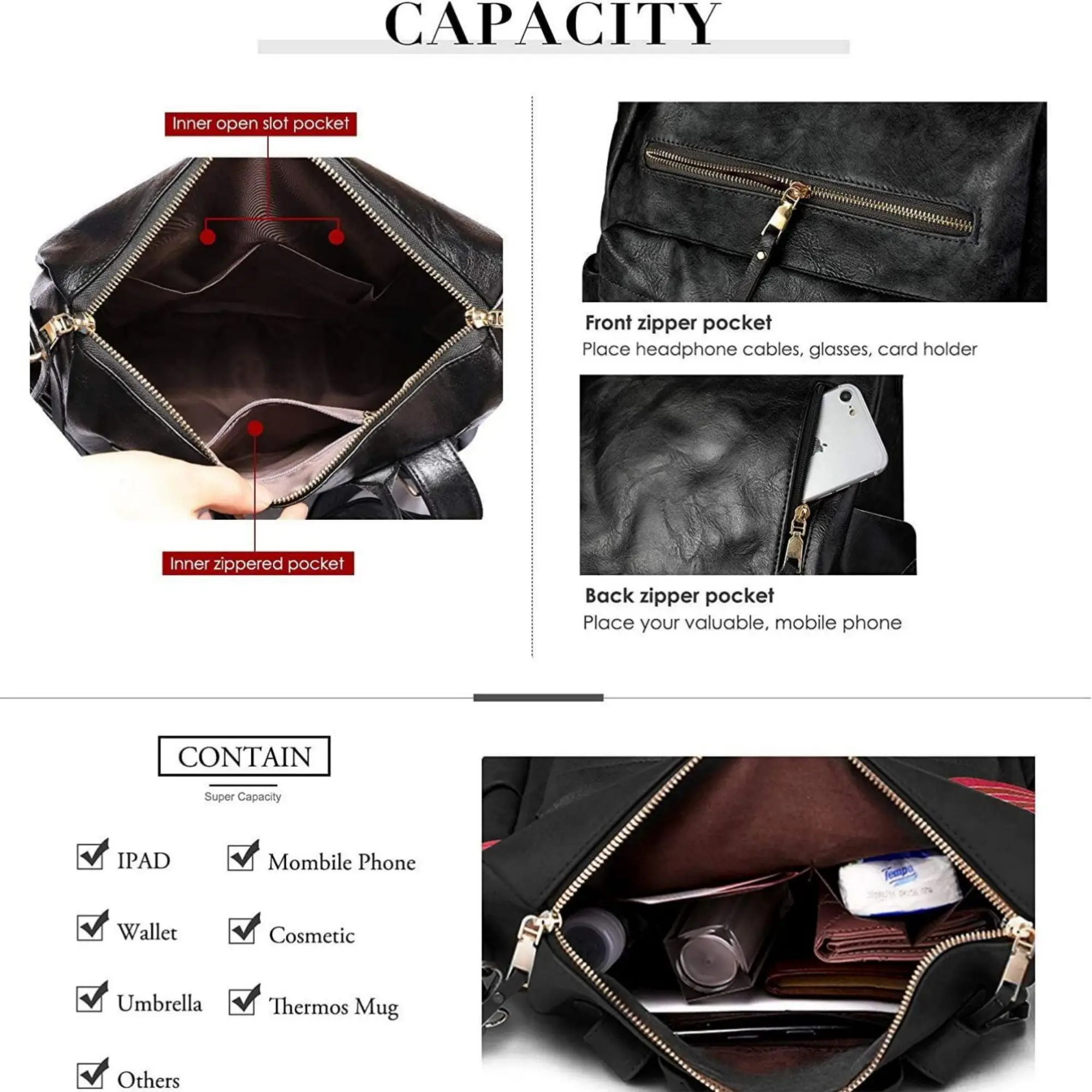 Women's leather backpack with organized compartments and interior features