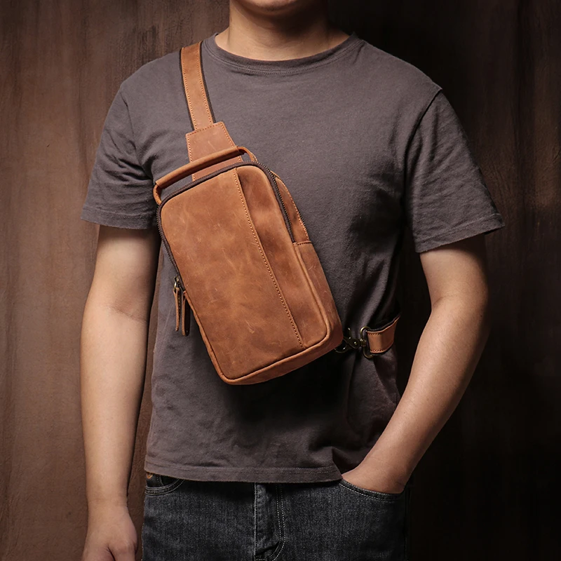 Premium Crazy Horse Leather Men's Vintage Sling Bag Crossbody Travel Pack with Multiple Pockets - Image 7