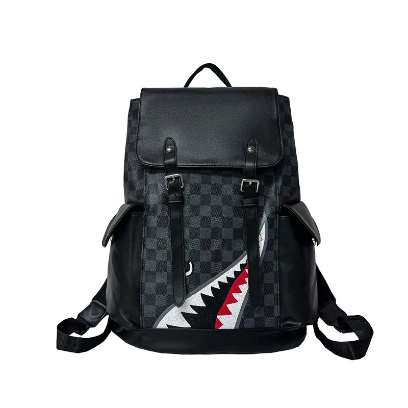 Premium Black PU Leather Men's Laptop Backpack with Shark Print Design for School and Work - Image 7