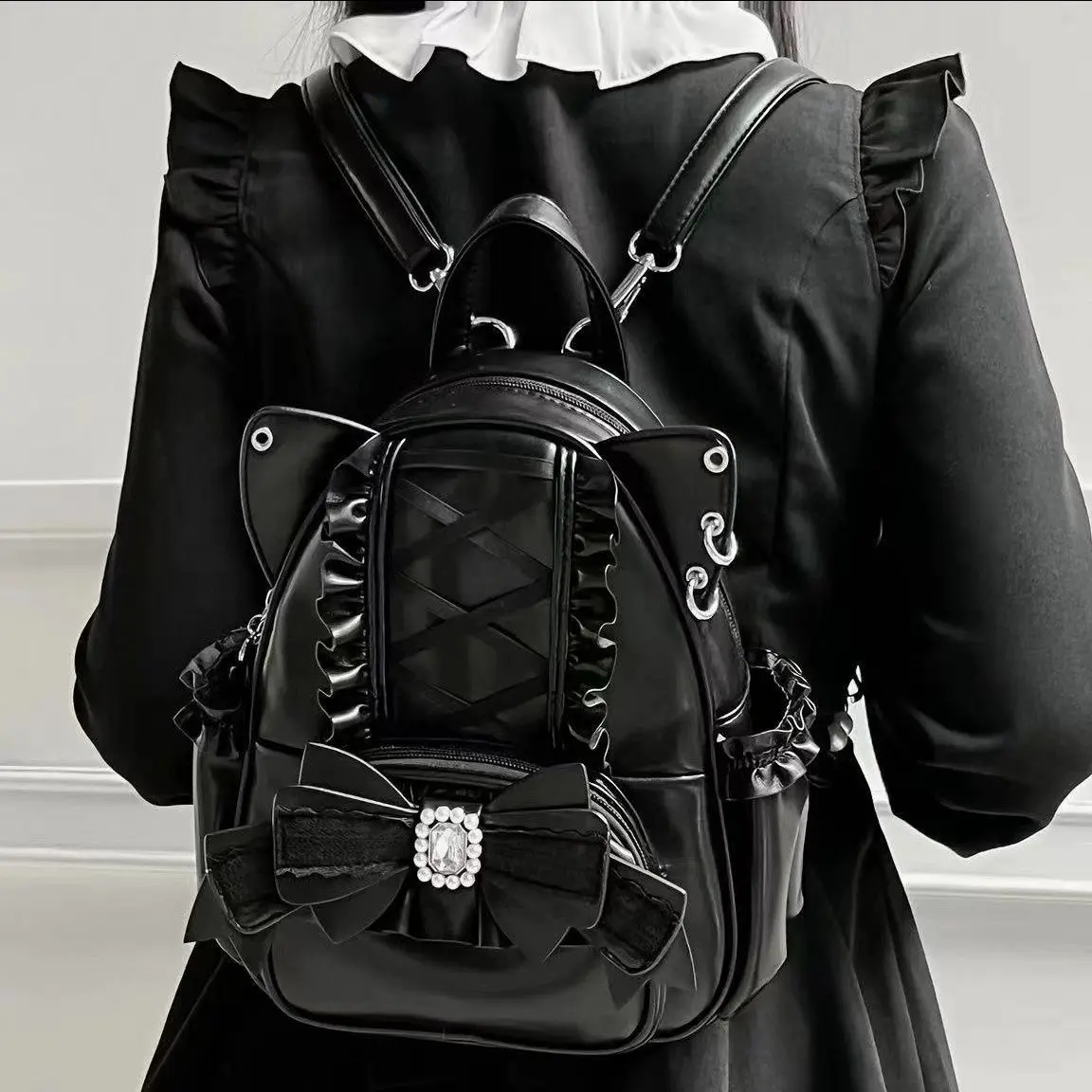 Black PU Leather Lolita Backpack with Cat Ears and Bow Decoration for Women - Image 5