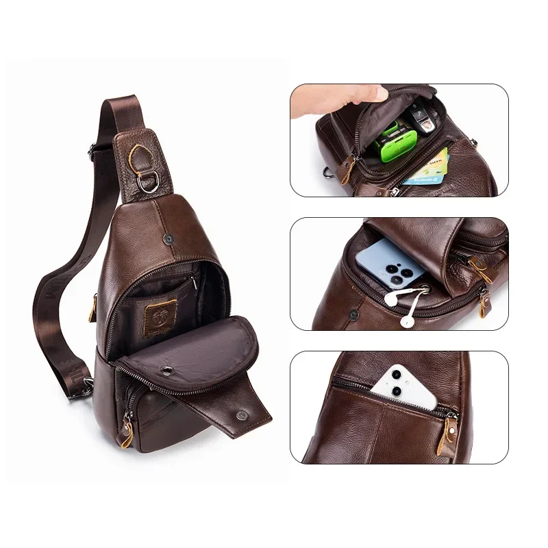 Premium Cowhide Leather Men's Chest Bag Anti-Theft Crossbody Sling with iPad Mini Storage - Image 3