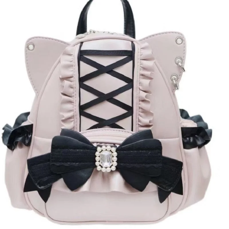 Black PU Leather Lolita Backpack with Cat Ears and Bow Decoration for Women - Image 7
