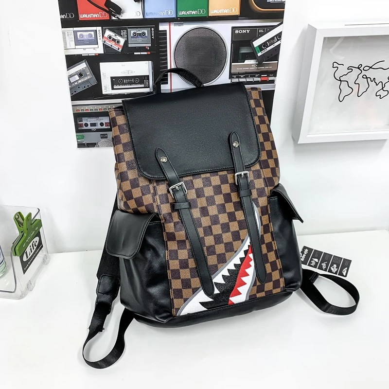 Premium Black PU Leather Men's Laptop Backpack with Shark Print Design for School and Work - Image 3