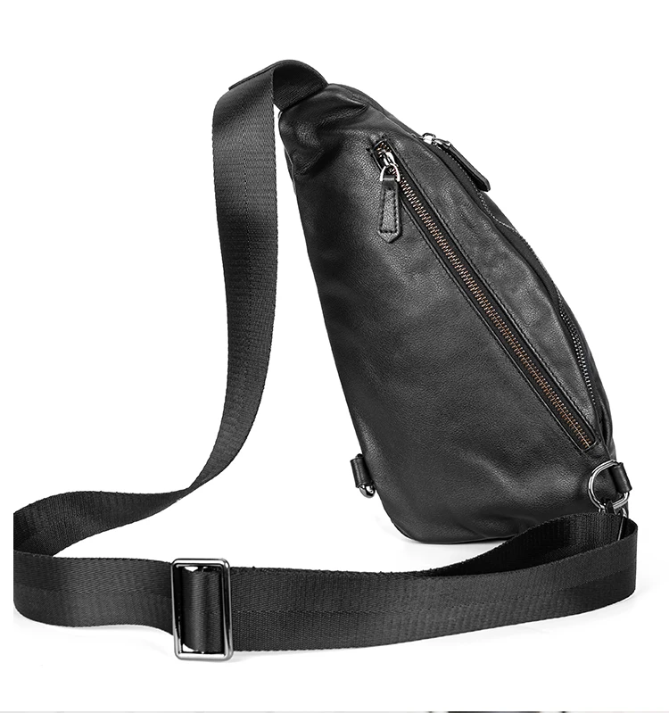 Complex closure system on a men's leather sling backpack