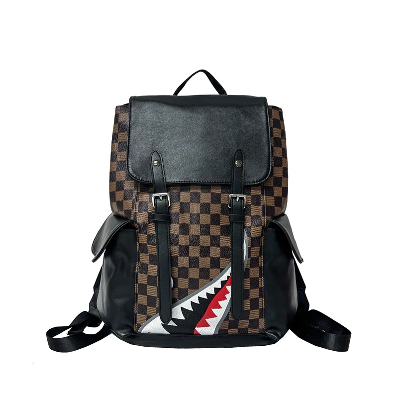 Premium Black PU Leather Men's Laptop Backpack with Shark Print Design for School and Work - Image 8