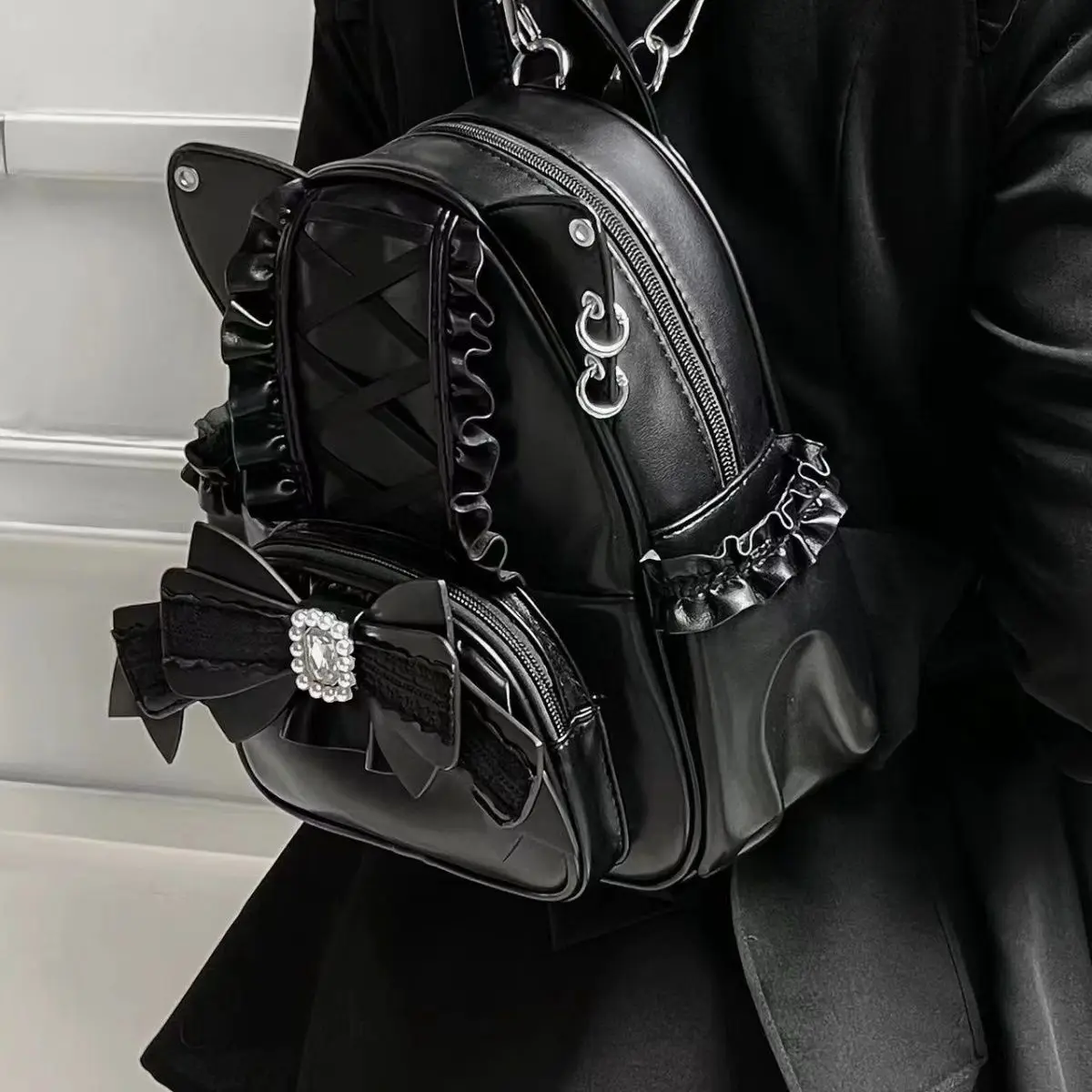 Black PU Leather Lolita Backpack with Cat Ears and Bow Decoration for Women