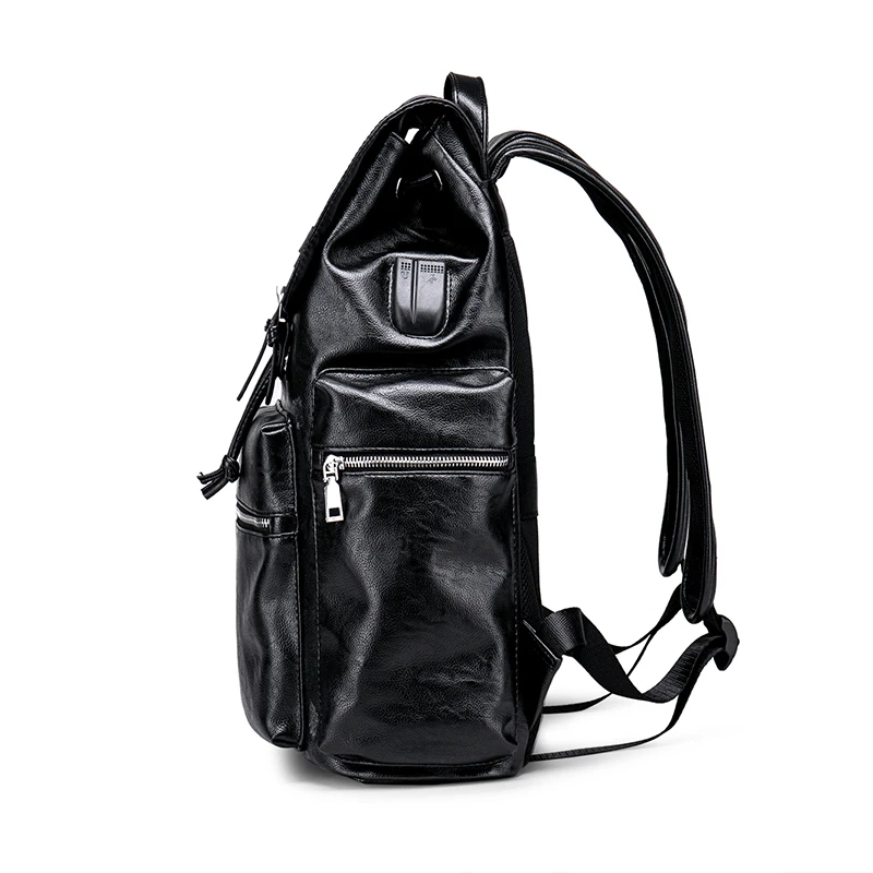 Premium Black PU Leather Men's Laptop Backpack with USB Charging Port and Expandable Storage - Image 2