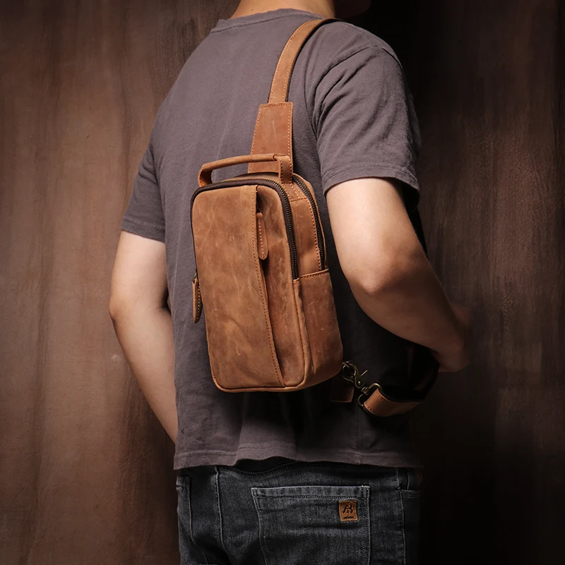 Premium Crazy Horse Leather Men's Vintage Sling Bag Crossbody Travel Pack with Multiple Pockets - Image 3