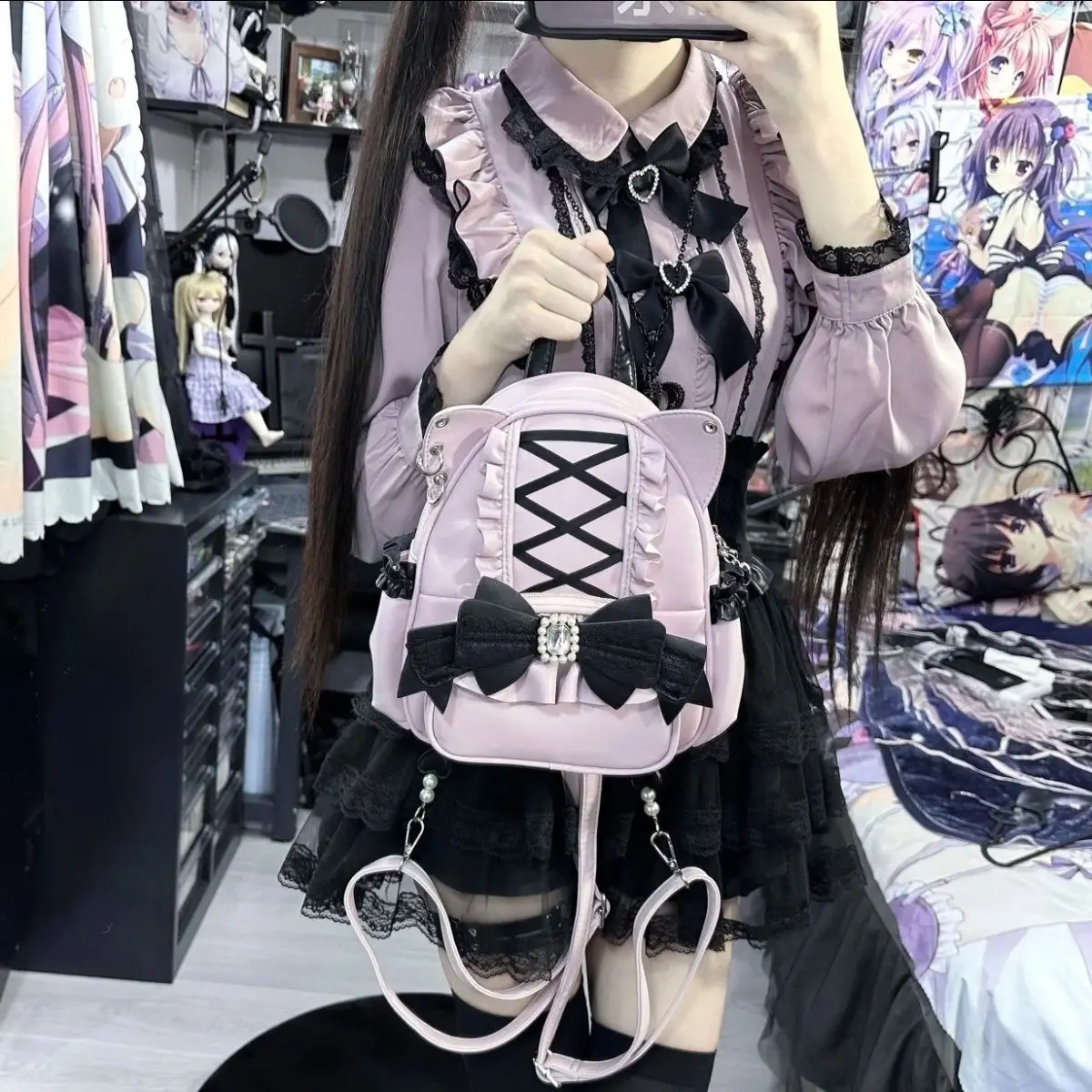 Black PU Leather Lolita Backpack with Cat Ears and Bow Decoration for Women - Image 6