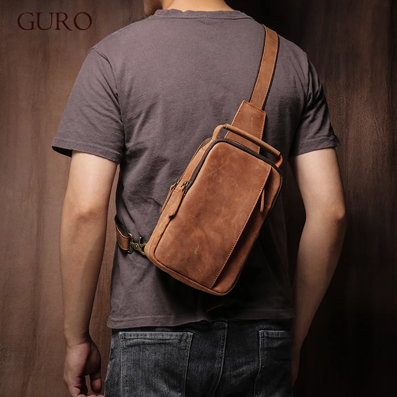 Premium Crazy Horse Leather Men's Vintage Sling Bag Crossbody Travel Pack with Multiple Pockets
