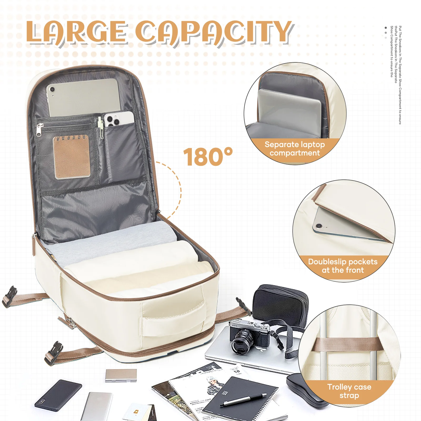 Compact cabin backpack with tech organization pockets