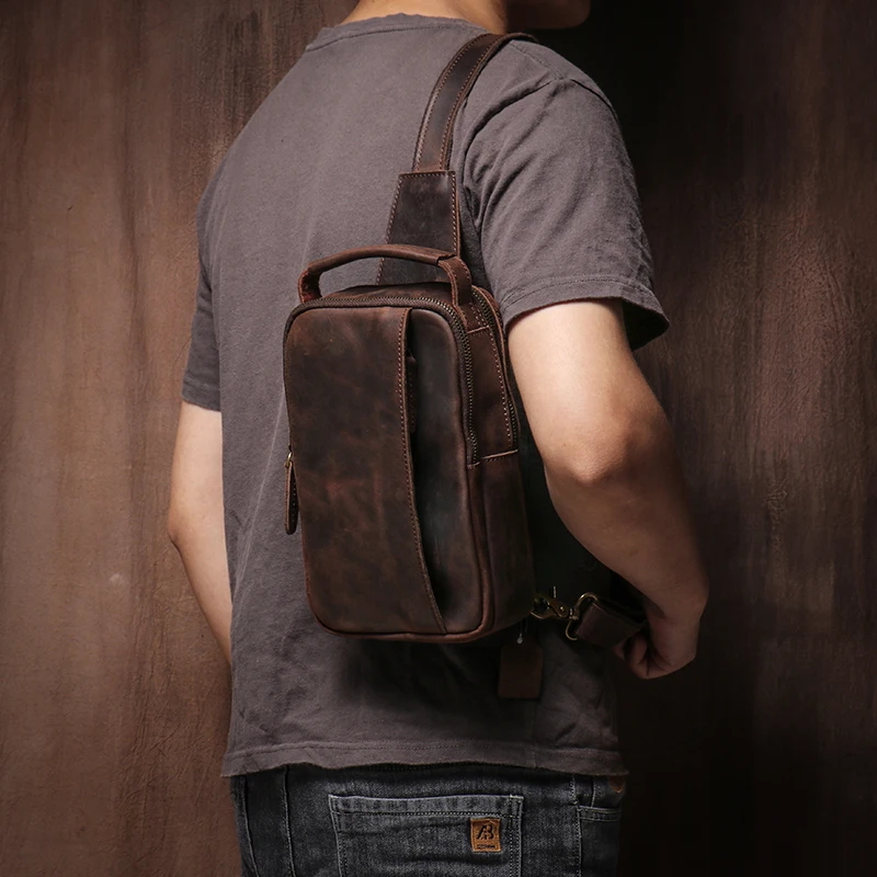 Premium Crazy Horse Leather Men's Vintage Sling Bag Crossbody Travel Pack with Multiple Pockets - Image 4