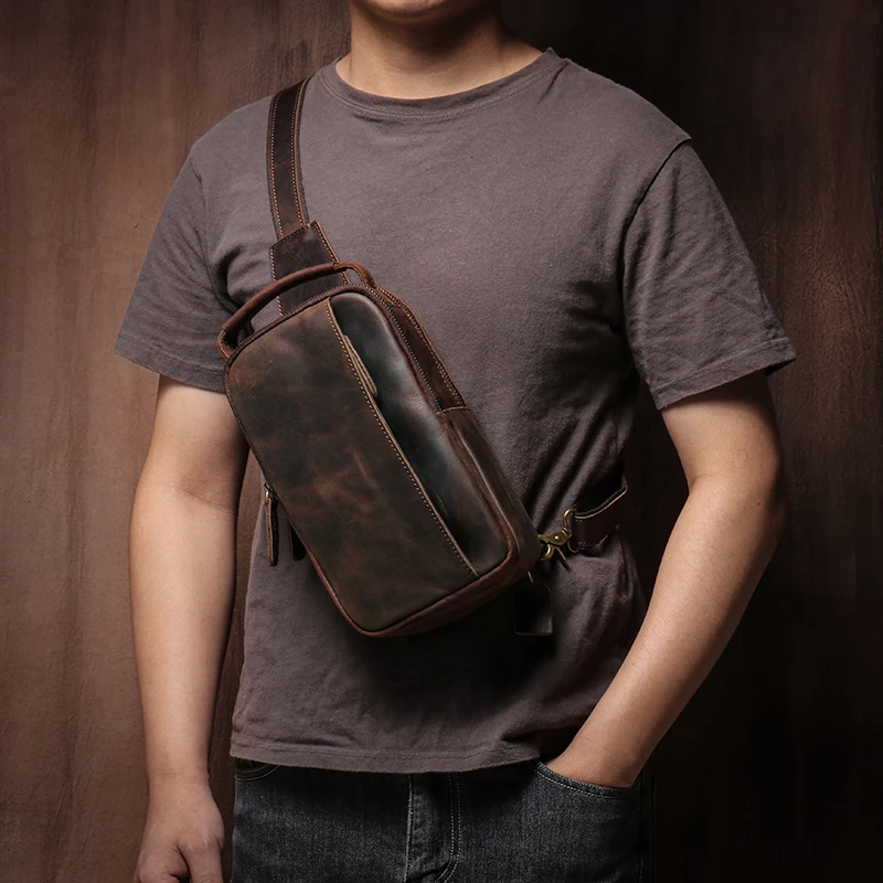 Premium Crazy Horse Leather Men's Vintage Sling Bag Crossbody Travel Pack with Multiple Pockets - Image 5