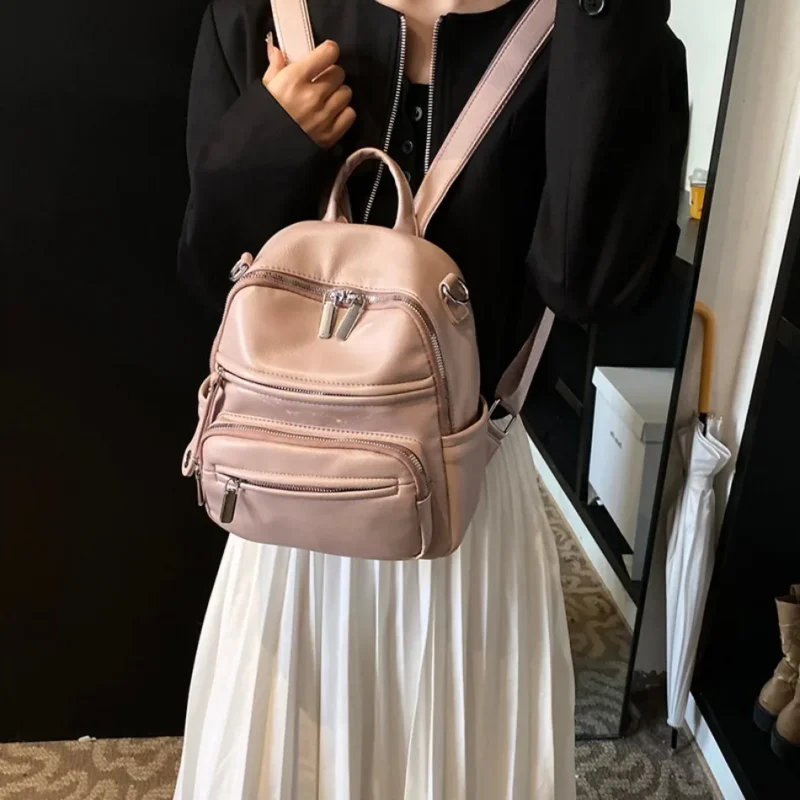 Soft Leather Women's Fashion Backpack with Multiple Compartments for Daily Travel - Image 3