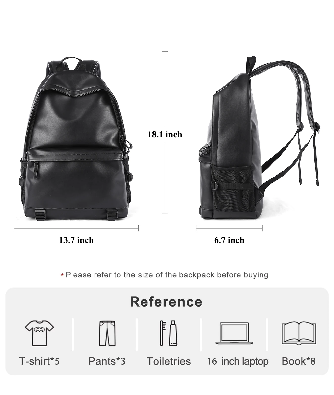 Premium Black PU Leather 16-inch Laptop Backpack for Business Travel with Waterproof Protection - Image 5
