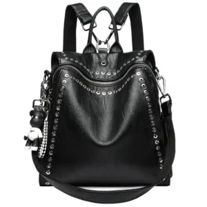 Premium Genuine Cowhide Leather Women's Backpack with Rivet Detail for Fashion, Travel and School