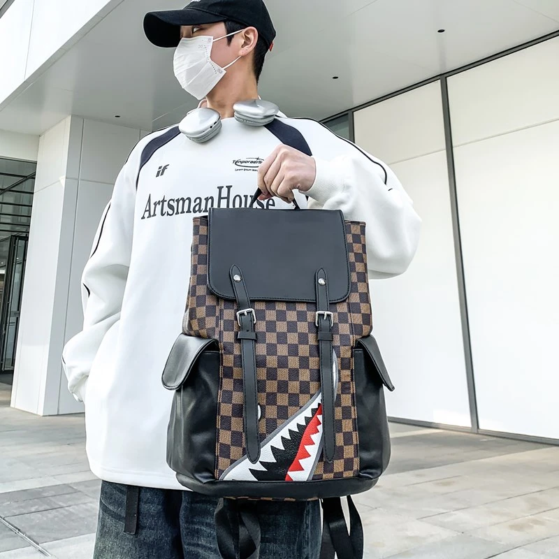 Premium Black PU Leather Men's Laptop Backpack with Shark Print Design for School and Work - Image 2
