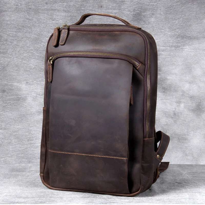 Vintage Crazy Horse Genuine Leather Laptop Backpack with Multiple Compartments for Travel and Daily Use