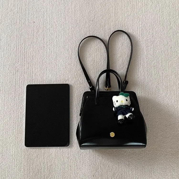 Vintage Black PU Leather Student Backpack with Retro Clip Closure for Women - Image 3