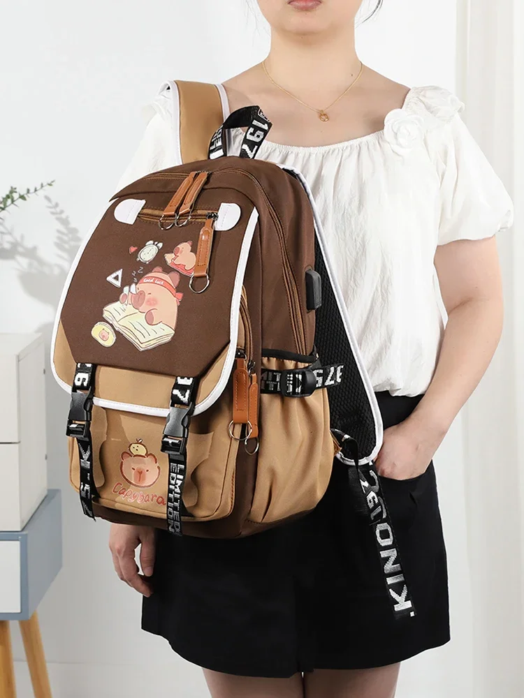 Cute Capybara Nylon Canvas Laptop Backpack with Large Capacity for School and Travel - Image 4