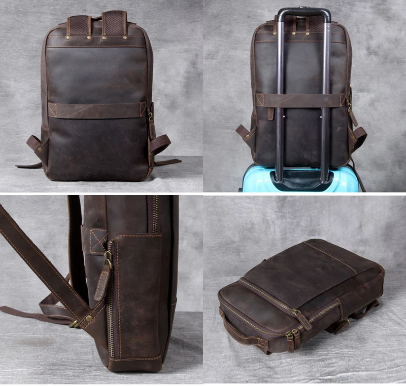 Vintage Crazy Horse Genuine Leather Laptop Backpack with Multiple Compartments for Travel and Daily Use - Image 5